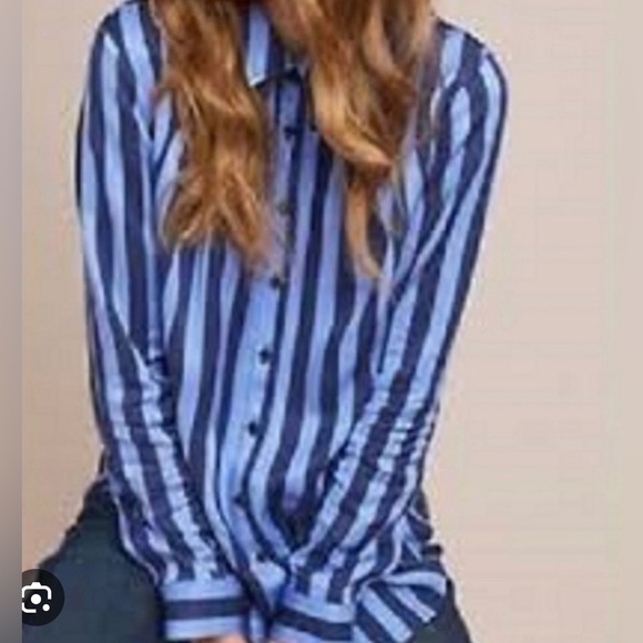 Maeve (Anthro) Breckenridge Blue Striped Button Down Shirt Blouse - Picture 2 of 8